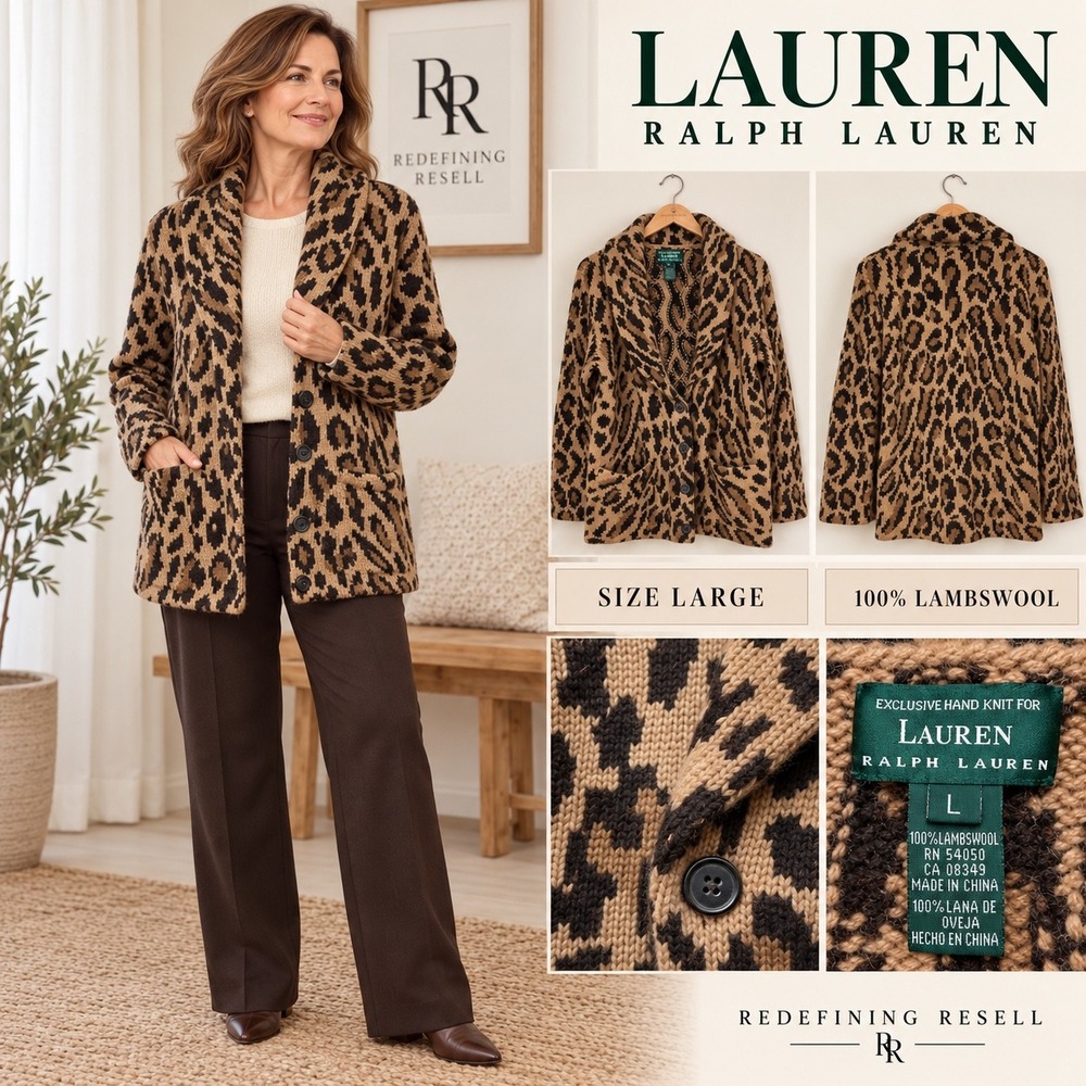 Lauren Ralph Lauren Leopard Print 100% Lambswool Hand Knit Shawl Cardigan L